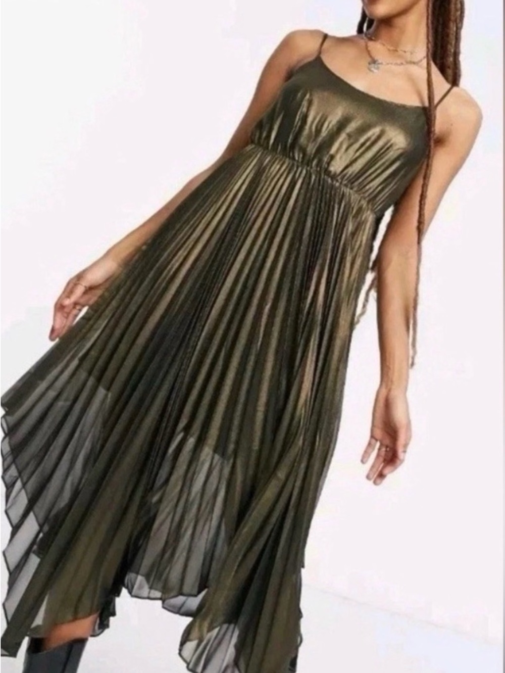 AllSaints Gold Metallic Asymmetrical Slip Dress